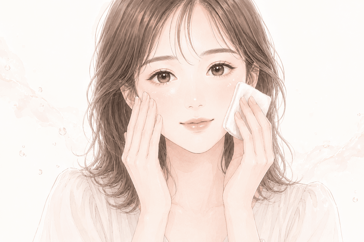 手のひらとコットンで、それぞれ頬に化粧水をなじませる女性の比較イラスト