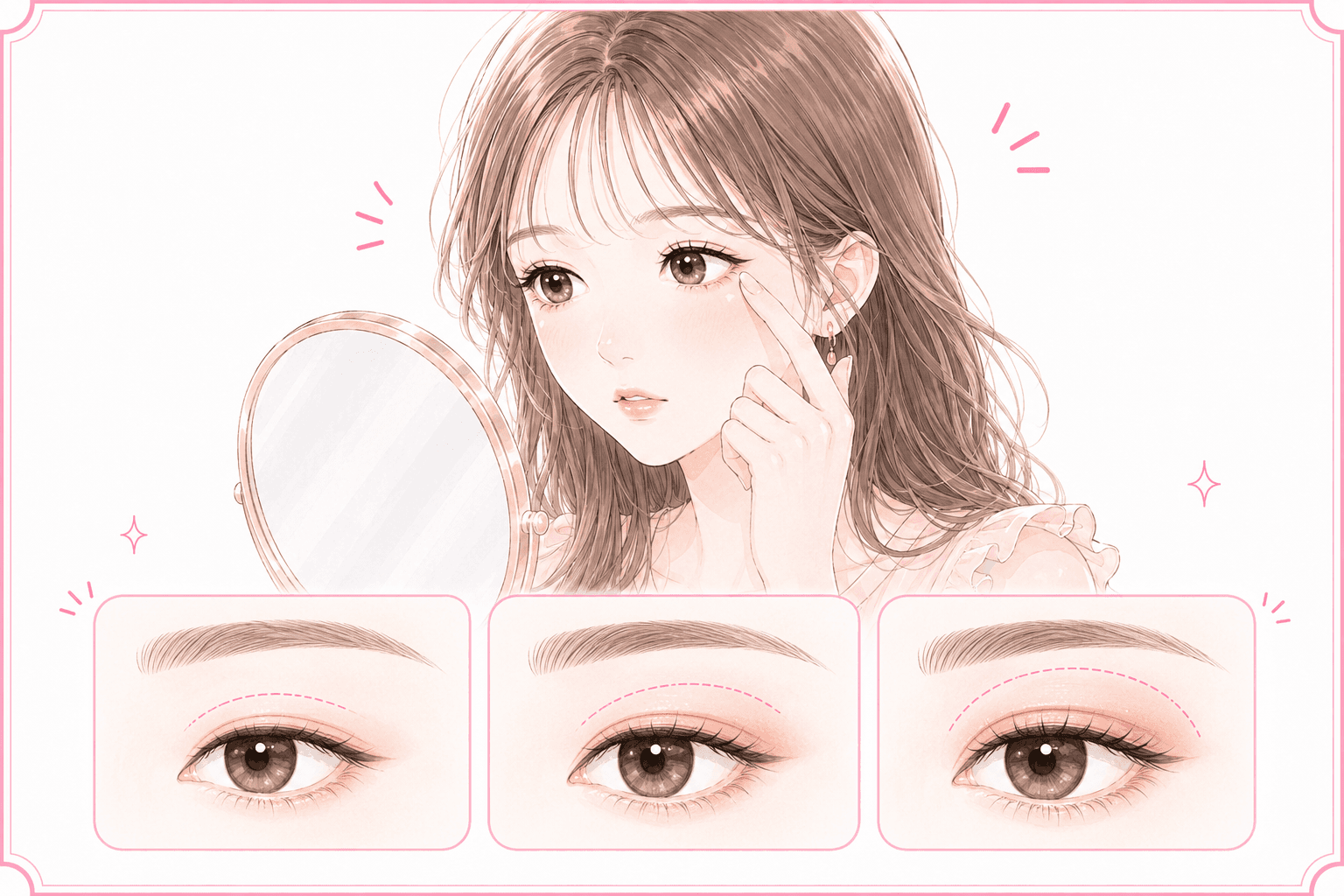 一重・奥二重・二重の違いと、アイシャドウをのせる位置の違いを表した女性の目元イラスト