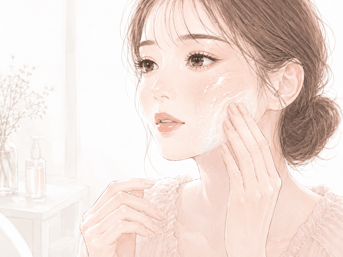 クレンジングオイルを頬になじませ、水が加わって質感がやわらかく変化する様子を描いたイラスト