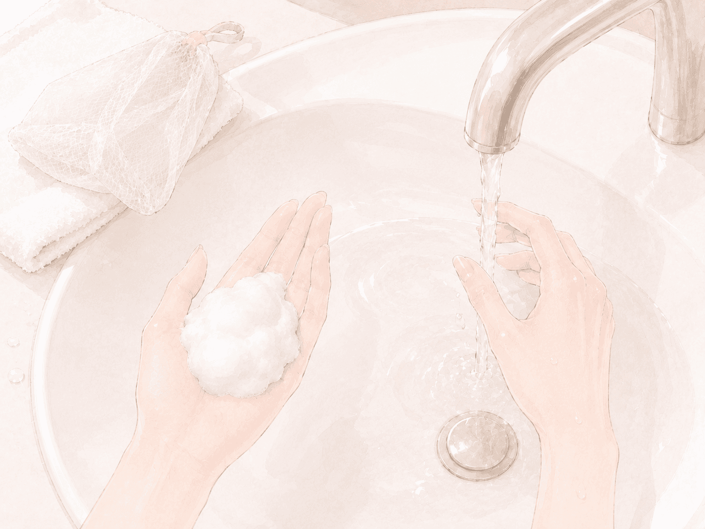 ぬるま湯と洗顔泡を手元で確認し、洗顔方法を見直しているイラスト