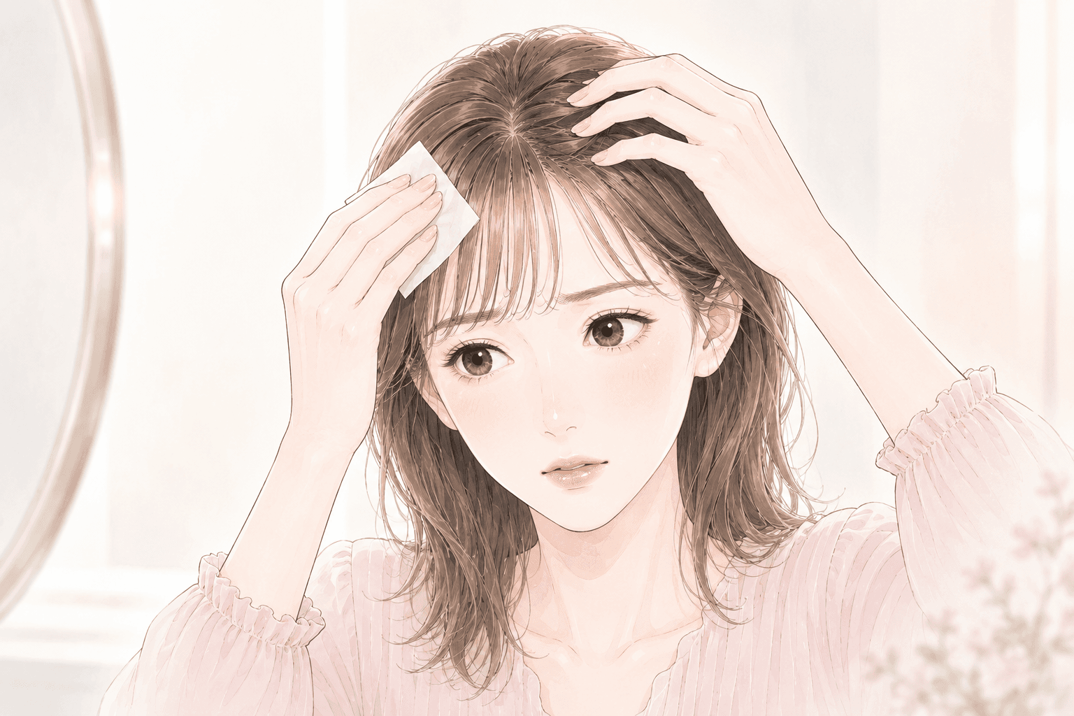 鏡の前で、おでこの油分を押さえながら前髪の根元を整える女性