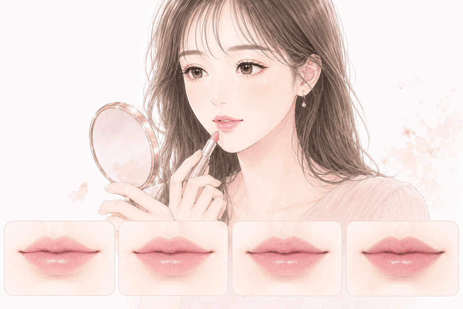 元の唇の色によって、同じピンクリップの発色が異なって見える様子を表した女性の比較イラスト