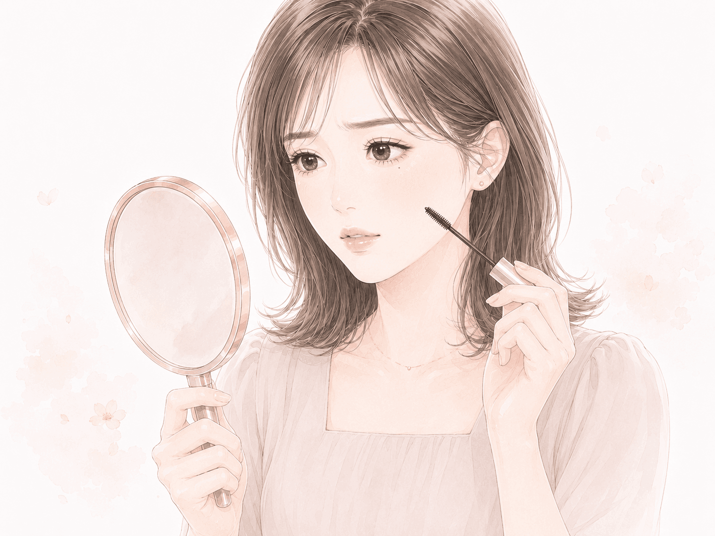 女性が鏡を見て、目の下にできたごく小さな黒いにじみに気づき、原因を冷静に見直そうとしている