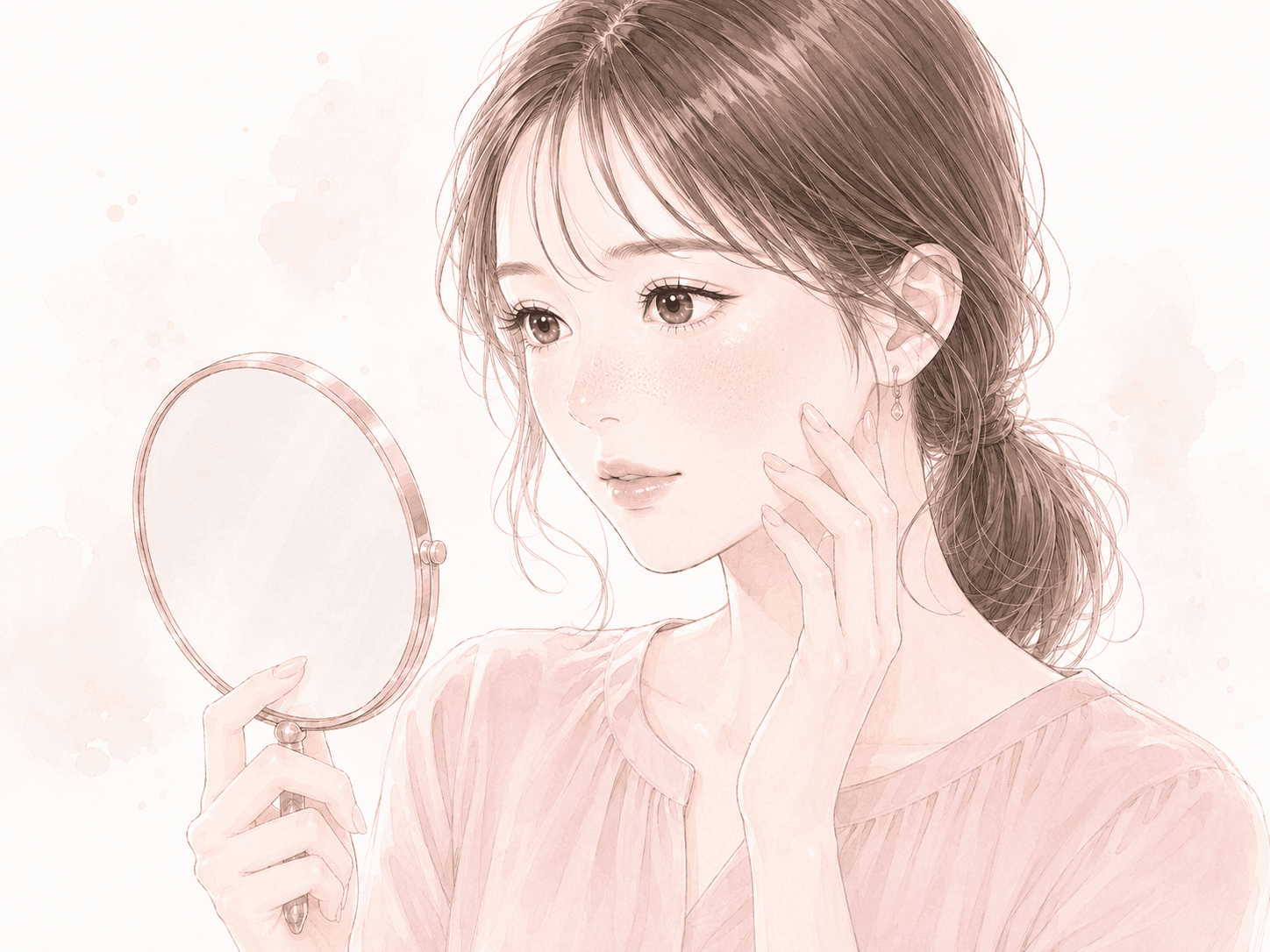 毛穴はすべて同じ状態ではなく、見え方を観察することが大切だと思いながら鏡を見る女性