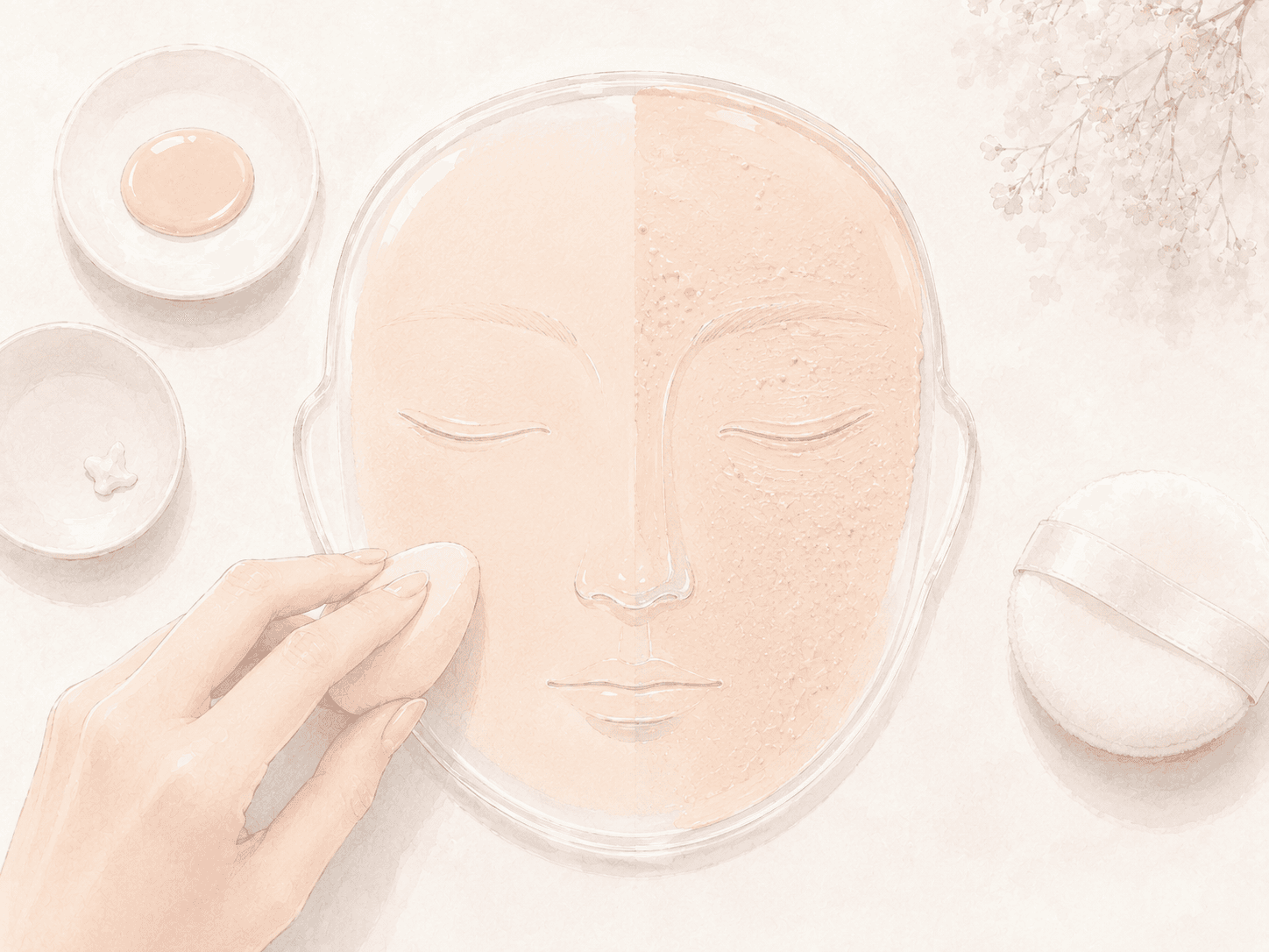 ファンデーションの薄塗りと厚塗りによる凹凸の見え方を比べているイラスト