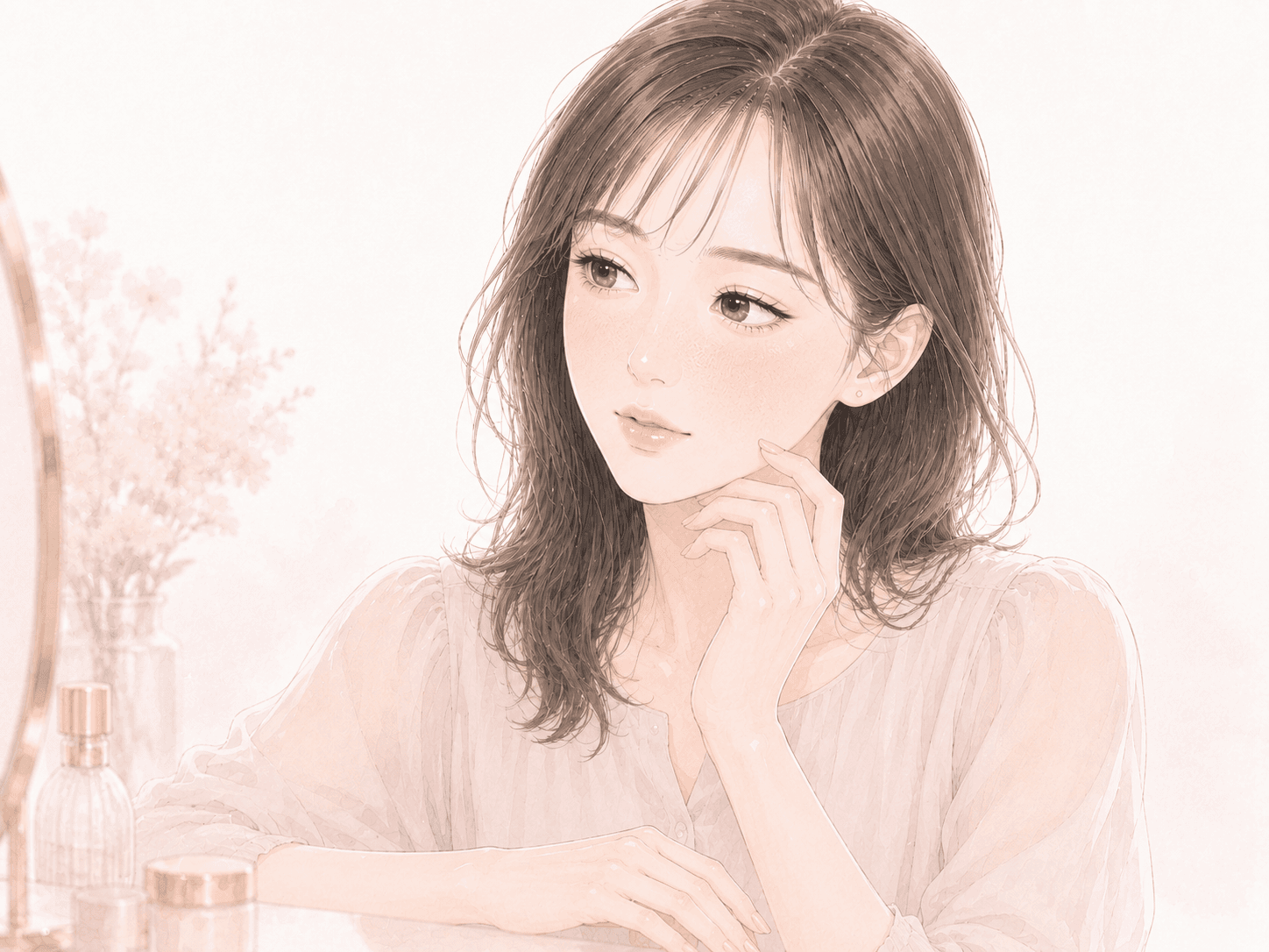 スキンケア前に、Tゾーンの軽いテカリと頬の乾燥感を気にして肌状態を見直す女性のイラスト