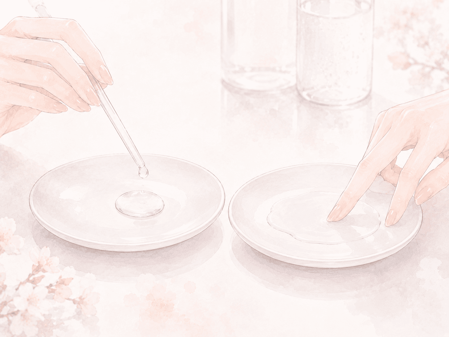 とろみの異なる2種類の透明な化粧水を、手元で比較しているイラスト
